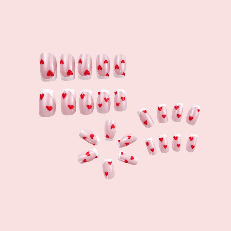 GRITOSE 24Pcs Valentines Press on Nails Short Square Fake Nails with Red Heart Designs French Tip False Nails Valentines Day Heart Nail Artificial Nails Press ons Pink Full Cover Stick on Nail for Women - Image 3